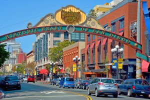 SAN DIEGO CA USA 04 08 2015: The Gaslamp Quarter in San Diego, California, The Gaslamp Quarter extends from Broadway to Harbor Drive, and from 4th to 6th Avenue.
